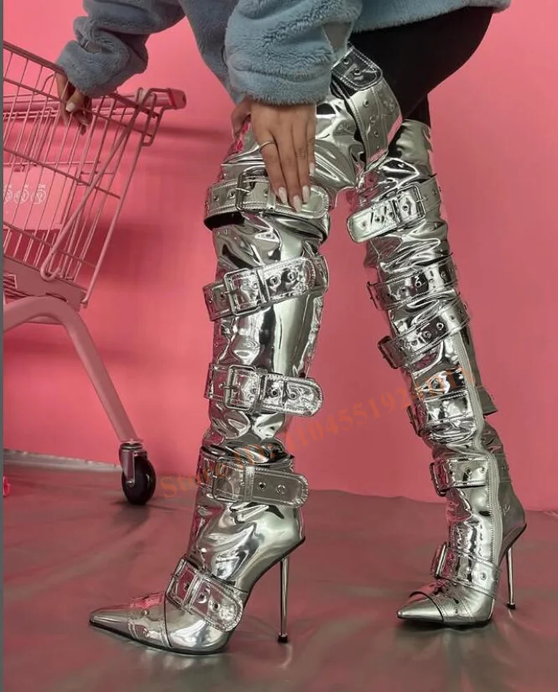 Punk Style Over The Knee Thin Heeled Pointed Toe High Heel Boots Women Big Buckle Straps Thigh High Long Boots Women Shoe