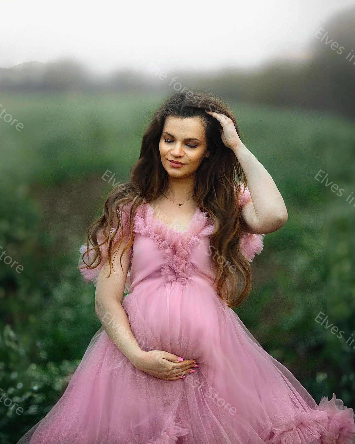 Pink A Line Prom Dresses for Photography Sexy V Neck Sleeveless Pregnant Women Gowns Tiered Ruffles Floor Length Maternity Robes