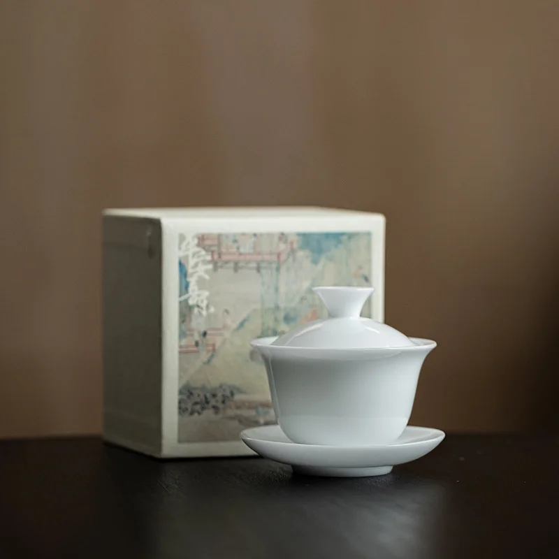 Ice Jade Porcelain Bell Cover Bowl Dehua White Porcelain Sancai Cover Bowl Ceramic Home Tea Cup Kung Fu Tea Set Tea Bowl