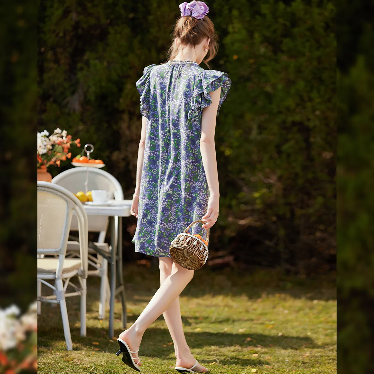 Louis yao vestido estampado de manga voadora, camada dupla, moda verão 2021, gola redonda, corrente decorativa, saia floral feminina