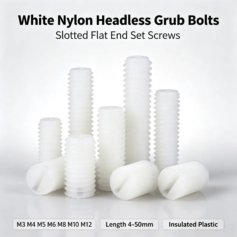 M3 M4 M5 M6 M8 M10 M12 White Nylon Set Screw, Slotted Flat End Headless Grub Bolt, Insulated Plastic Point Screw 4-50mm Length