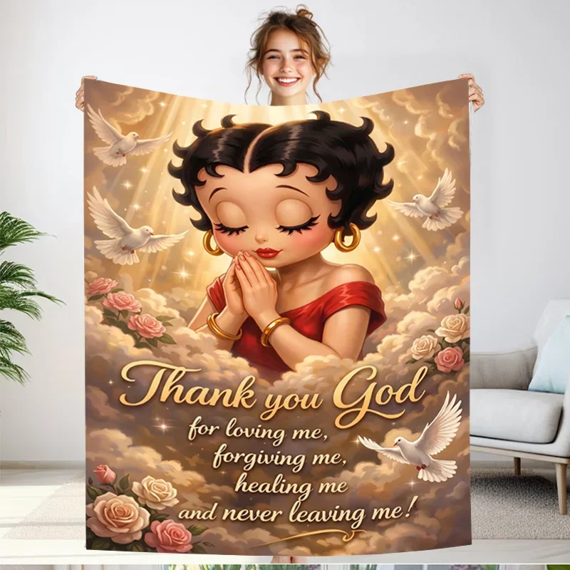 Customization Betty Boop Praying Thank You God Theme Flannel Blanket Soft Warm Cozy Throw Blanket For Sofa Nap Office Shawl Camp