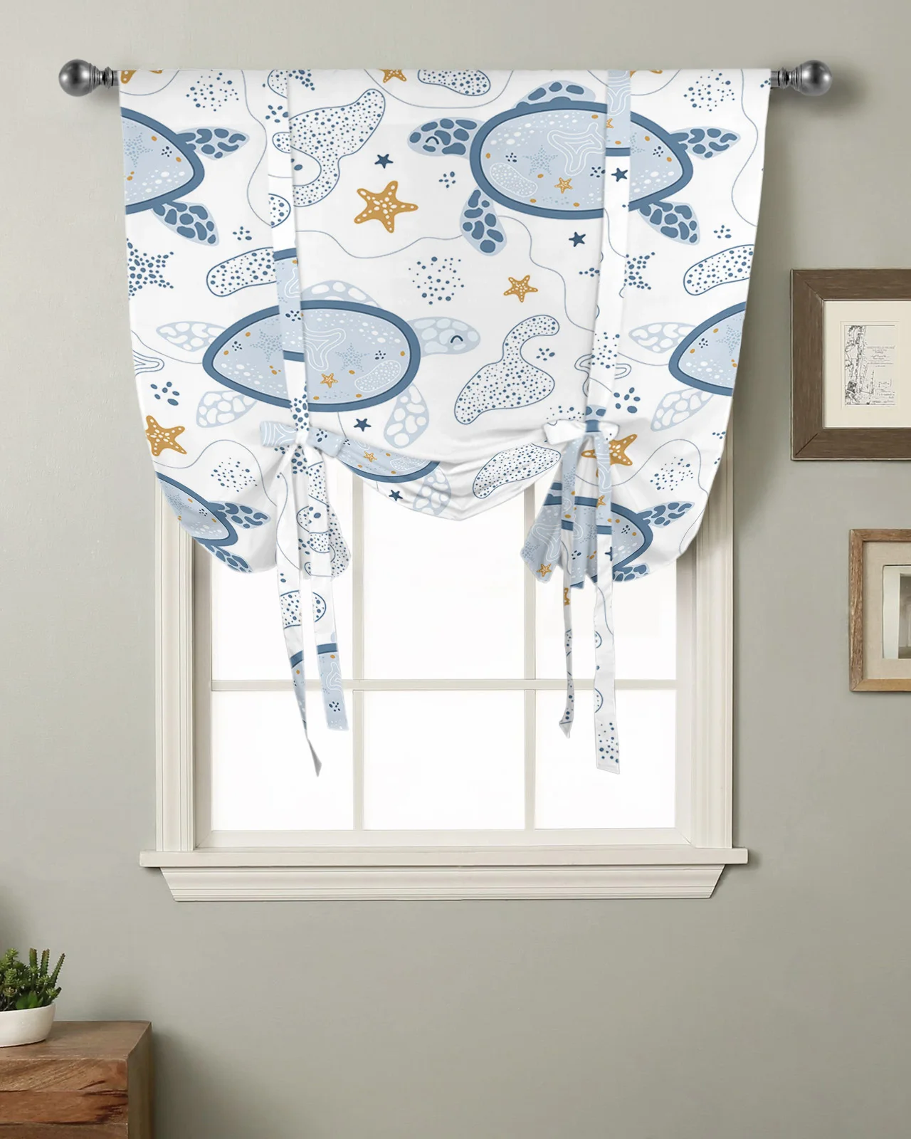 

Marine Life Starfish Turtle Window Curtain for Living Room Roman Curtains for Kitchen Cafe Tie Up Short Drapes