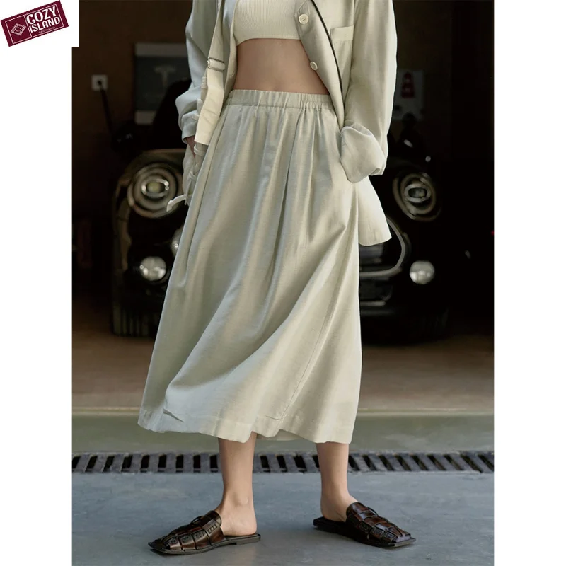 Summer Skirts Viscose Long Skort Women Umbrella Thin Cool Apricot Green Lazy Romantic Luster Elastic Waist Light Vacation Suits