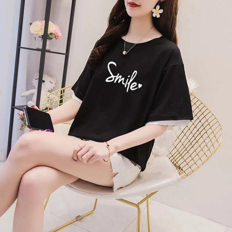 Long T Shirt Women Korean Style Clothes Pastel Pink Large Size Casual Tee Summer Blusas Mujer de Moda 2022 Ropa Top Letter Print