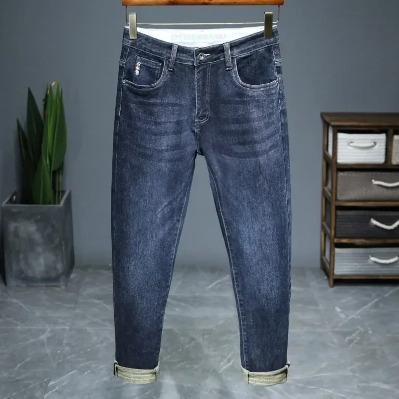 New Autumn And Winter Haze Blue Jeans For Men Thickened Loose Stretch Straight Denim Trousers Street Fashion Casual Men's Pants