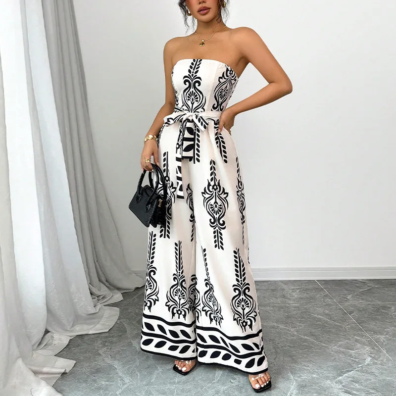 

Women's 2025 Spring and Summer European and American Printed Jumpsuit Wide-Leg Fitting Sash One-Piece Dress