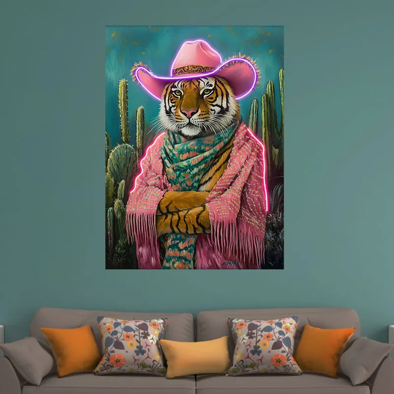 Cowboy Tiger Neon Sign, Cool LED Light, Western Cowboy Neon Light, Sinal de néon LED personalizado, Presente personalizado para crianças