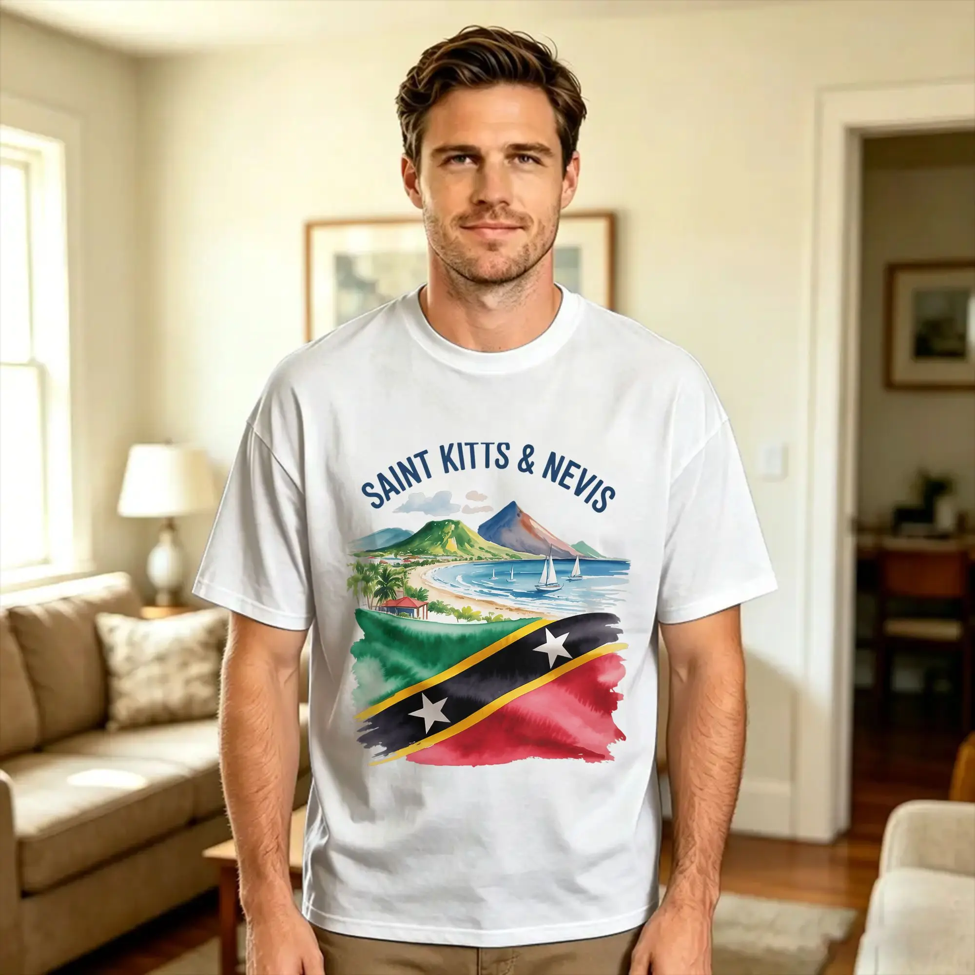 Vintage T-Shirt Summer Saint Kitts and Nevis Vintage Watercolor Scene Travel Fashion T-Shirts 100 Cotton Tshirt for Men Y2K Tees