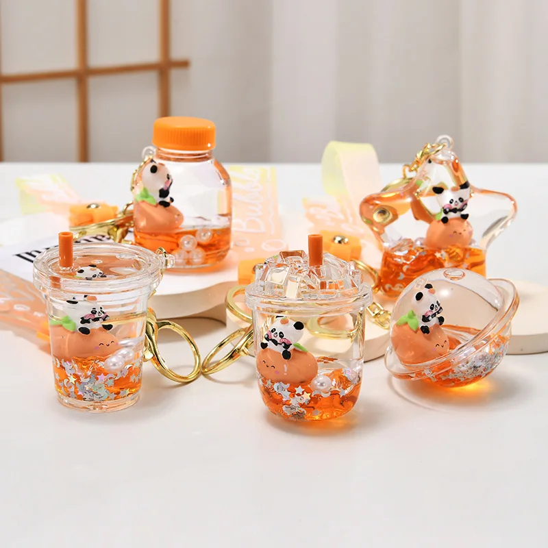 Cartoon Floating Pearl Ice Cube Panda Quicksand Bottle Keychain Cute Orange Panda Star Moon Sequin Iceberg Cup Liquid Key Chain