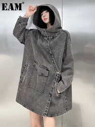 [EAM] Gray Pocket Denim Long Casual Sweatshirt New Hooded Long Sleeve Women Big Size Fashion Tide Spring Autumn 2023 1DH7233