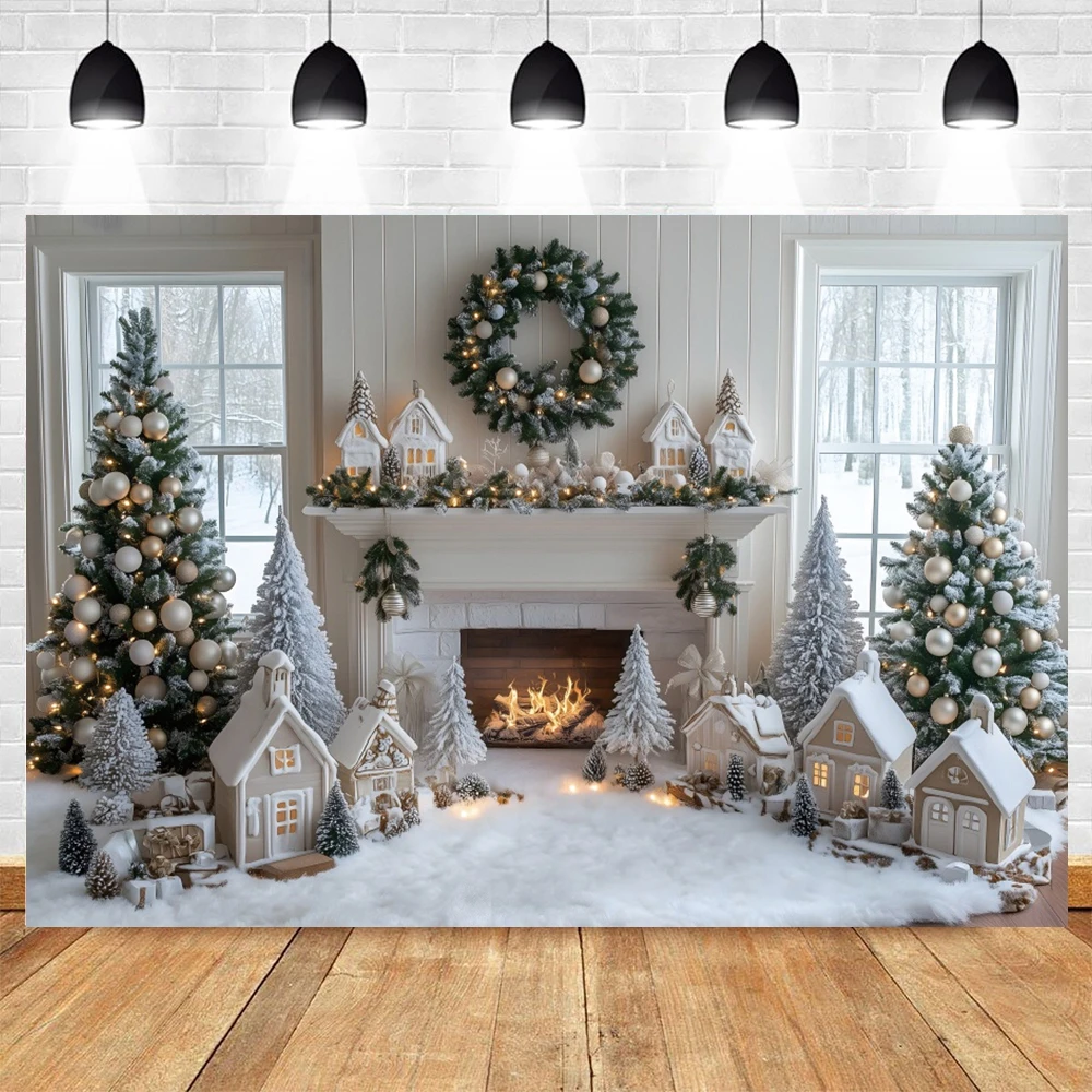 Toile de fond de photographie de cheminée de Noël, cadeaux d\'arbre de Noël, chaussette, fenêtre d\'hiver, décor de fête de famille, fond de studio