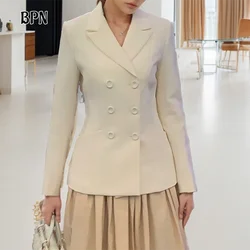 BPN Solid Elegant Slimming Blazer For Women Notched Collar Long Sleeve Tunic Spliced Double Breasted Blazers Female Fashion New