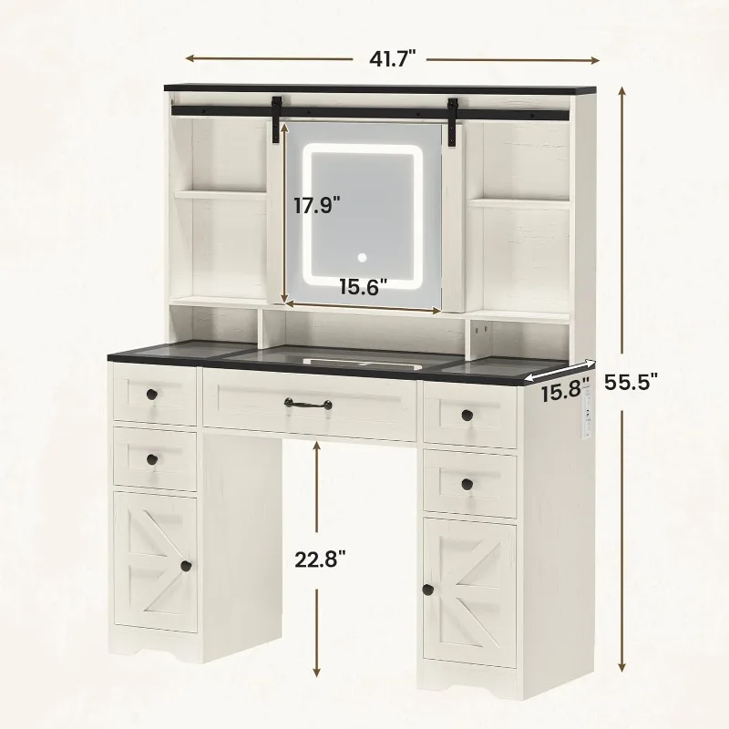 Farmhouse Makeup Vanity Desk with Sliding Lighted Mirror, Glass Top Vanity Desk with Power Outlet, Rustic Vanity Set