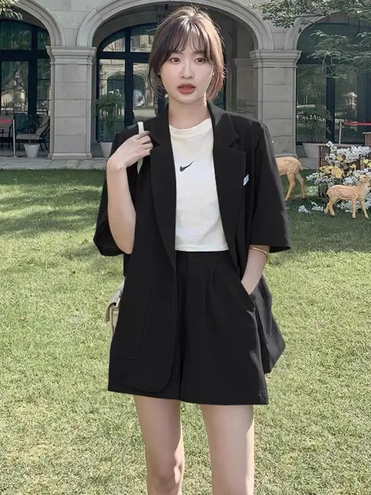 Suit Jacket Women Fashion Set Thin Casual Shorts Two-piece Loose Fitting Commuting Wear Summer Office Ladies Solid Outfits