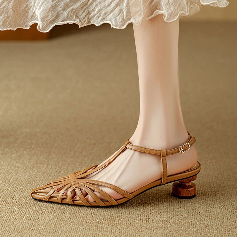 

NEW Summer Women Sandals Microfiber Shoes for Women Pointed Toe Strange Heel Shoes Cover Toe Slingback Sandals Narrow Band Shoes