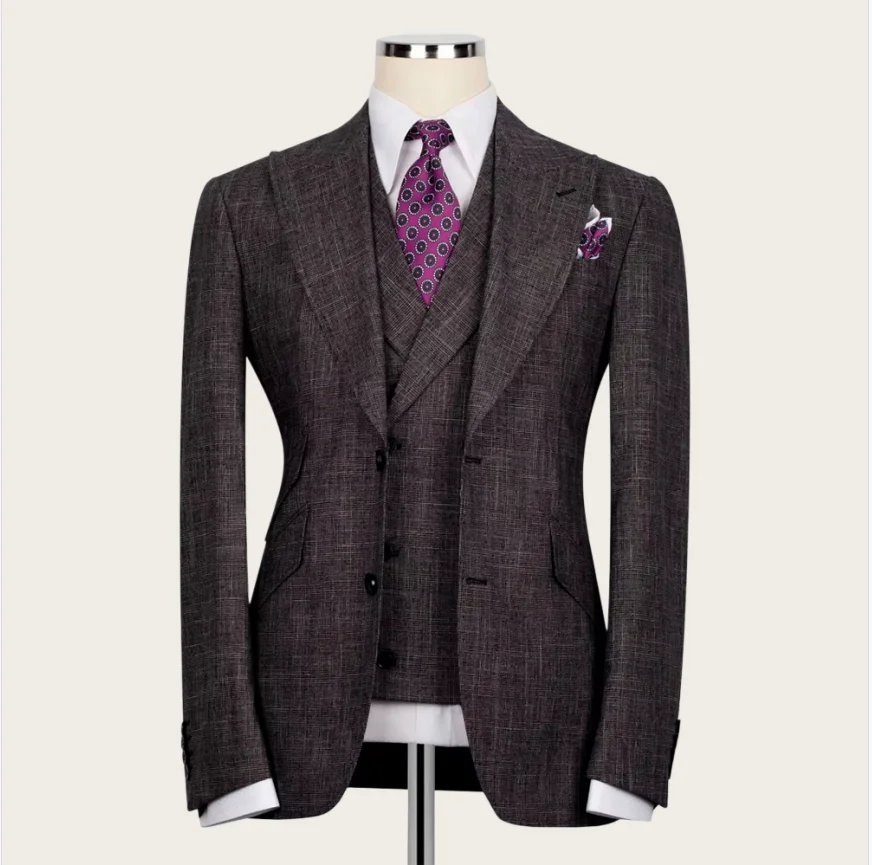 Brown Men's Suits Peaked Lapel Single Breasted Linen Cotton Lightweight Wedding Blazer Business for Man Tuxedo Jacket+Vest Pants