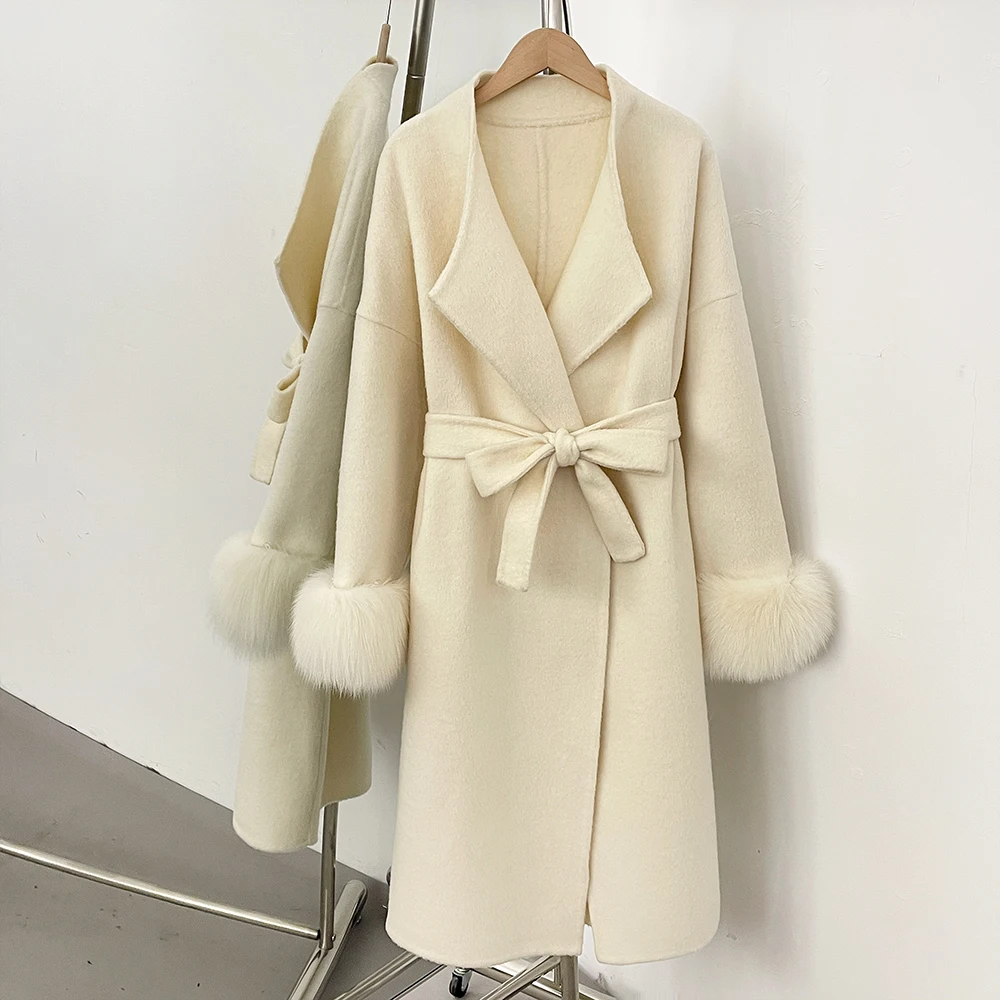 Double Face Woolen Coat Women's Long Coat with Real Fur Coat Premium Business Casual Elegant Winter Fashion Outerwear Clothing