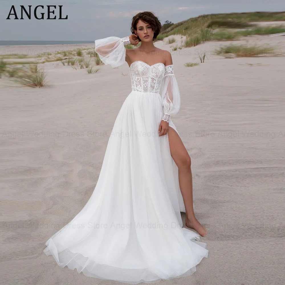 ANGEL Customized Beach Strapless Wedding Dress for Woman Romantic High Split A-line Bridal Gown Elegant Tulle Vestido De Noiva