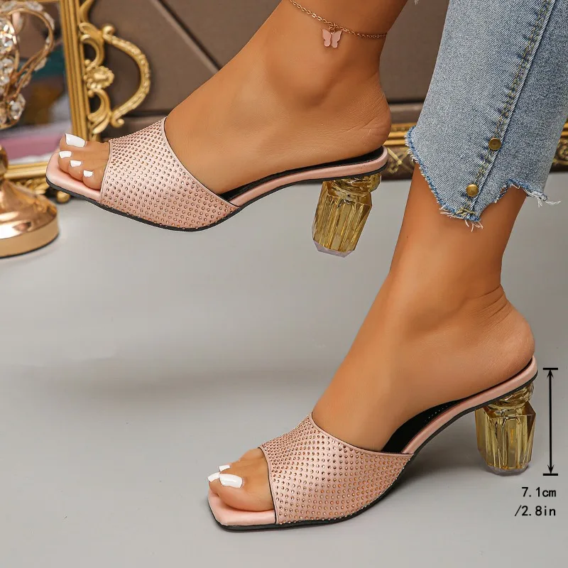 

2025 New Water Diamond Square Toe High-heeled Slippers with A Feminine Touch and Fashionable Diamond Surface Women's Slippers