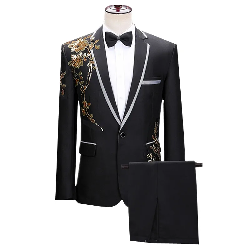 

New Men's Luxurious Gold Sequined Suits Black Dress 2-piece Set Suitable for Mens Weddings, Dances, Stage Performances