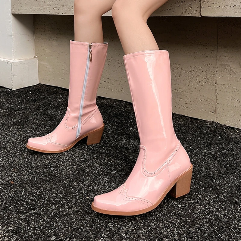 ORCHA LISA عادية 2026 المرأة أحذية الركبة 6 سنتيمتر كعب مكتنز براءات الاختراع والجلود انقطاع تصميم الأزرق حجم كبير 46 48 US14 US17 نمط الحفلات