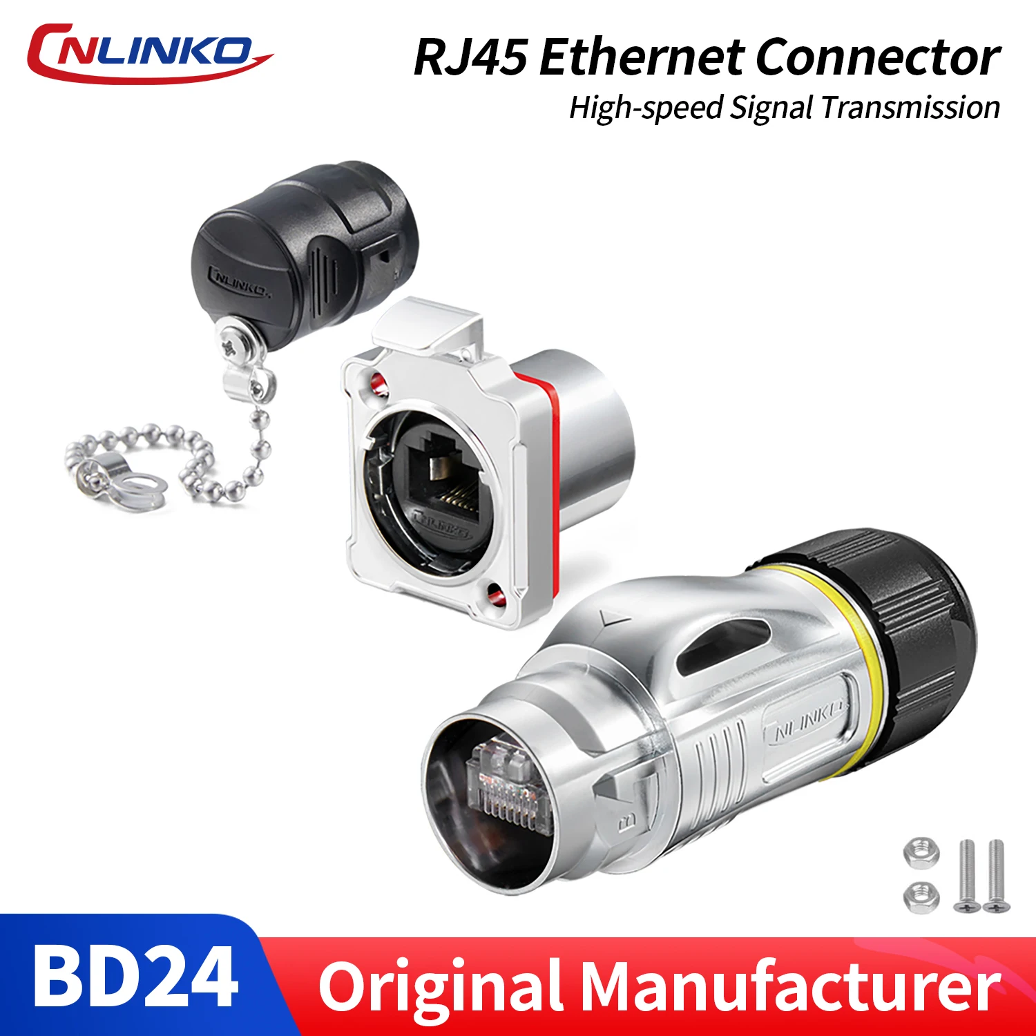 CNLINKO Panel Mount IP68 RJ45 Connector M24 Metal Shell Waterproof Ethernet Port for Industrial Device & Network Cabinet