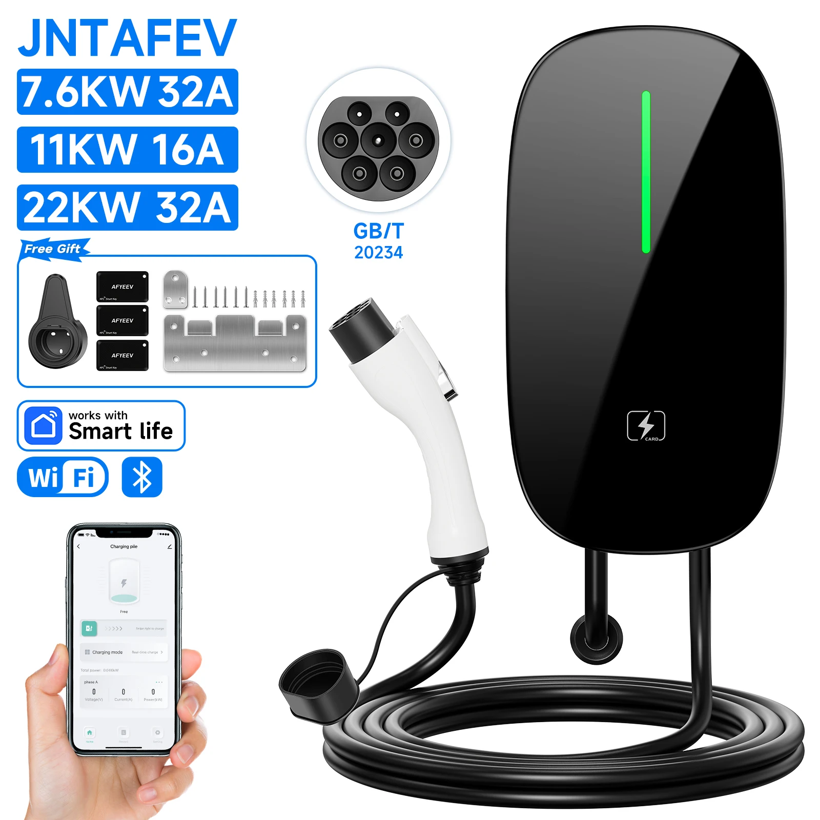 JNTAFEV 1Phase/3Phase 16A/32A 7.6KW/11KW/22KW GBT Electric Vehicle Charger EV/Car Charging Station Wallbox EVSE WiFi APP Control