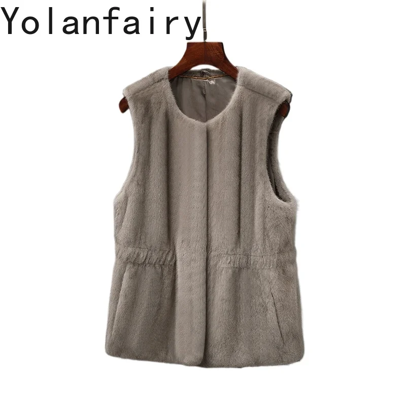 YOLANFAIRY 高品質 ミンクファーコート レディース 秋冬 天然毛皮ベスト ノースリーブ Oネック ショートファーベスト 2025