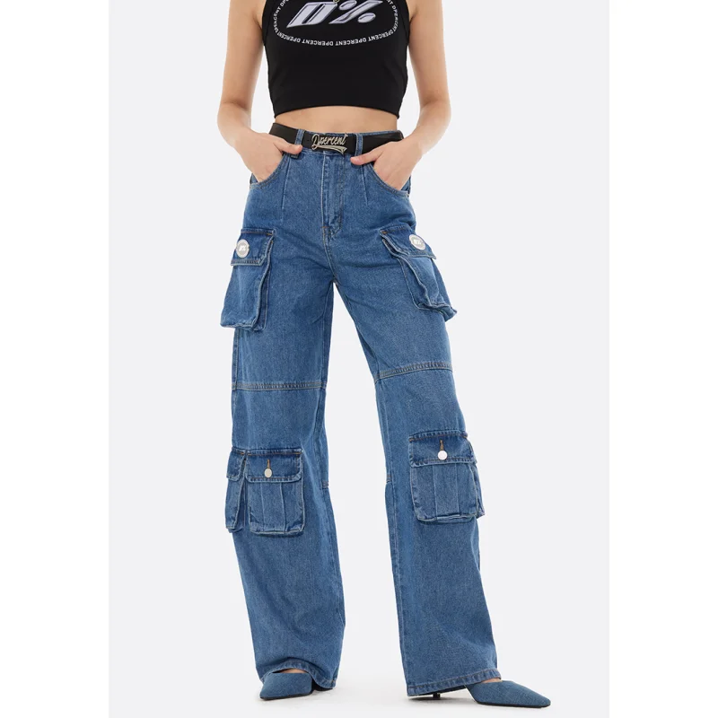 Women Blue Jeans Y2K Style High Waist American Street Wide Leg Pants Fashion Hip Hop Vintage Straight Summer Female Trousers