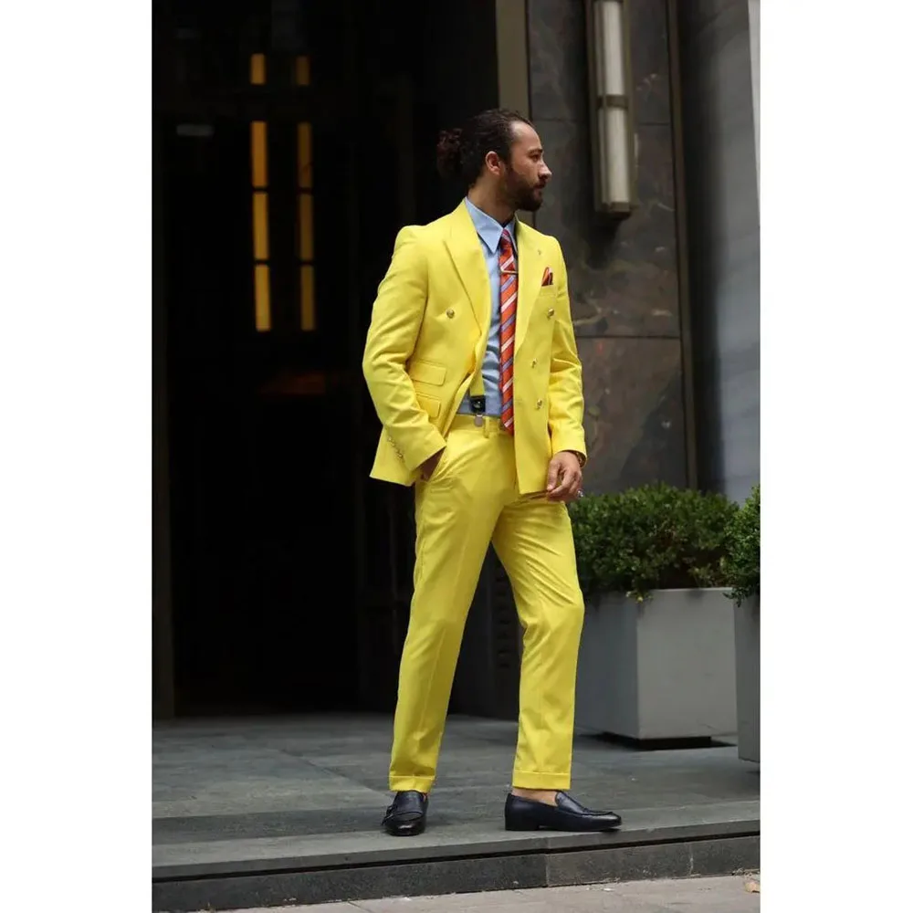 Fashion Yellow Men\'s Suits Double Breasted Notch Lapel 2 Piece (Jacket+Pants) Costume Homme Wedding Party Office Blazer Set