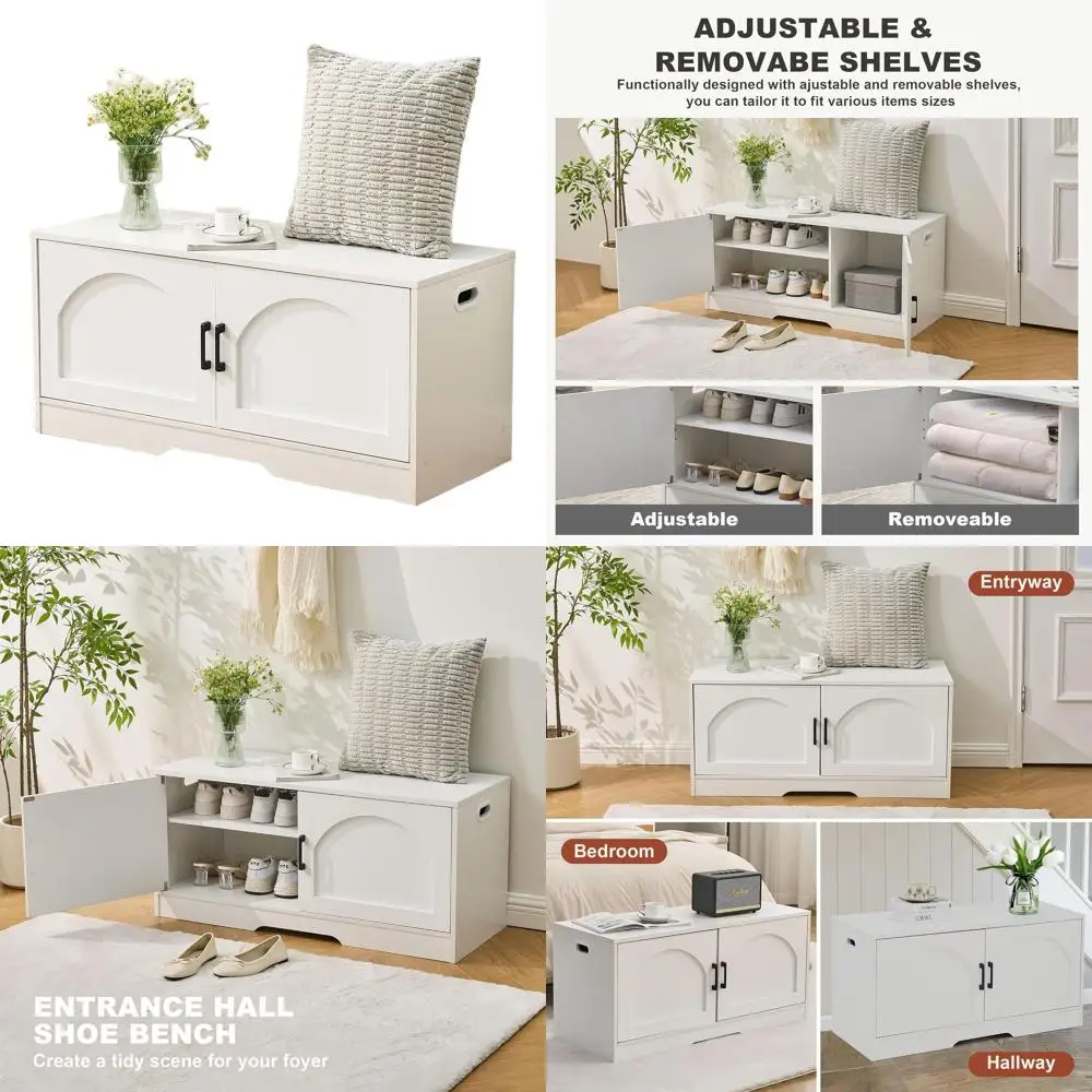 

Двухуровневая белая скамья-тумба для обуви с дверцами, ширина 39,4 дюйма, для прихожей, гостиной, спальни, коридора