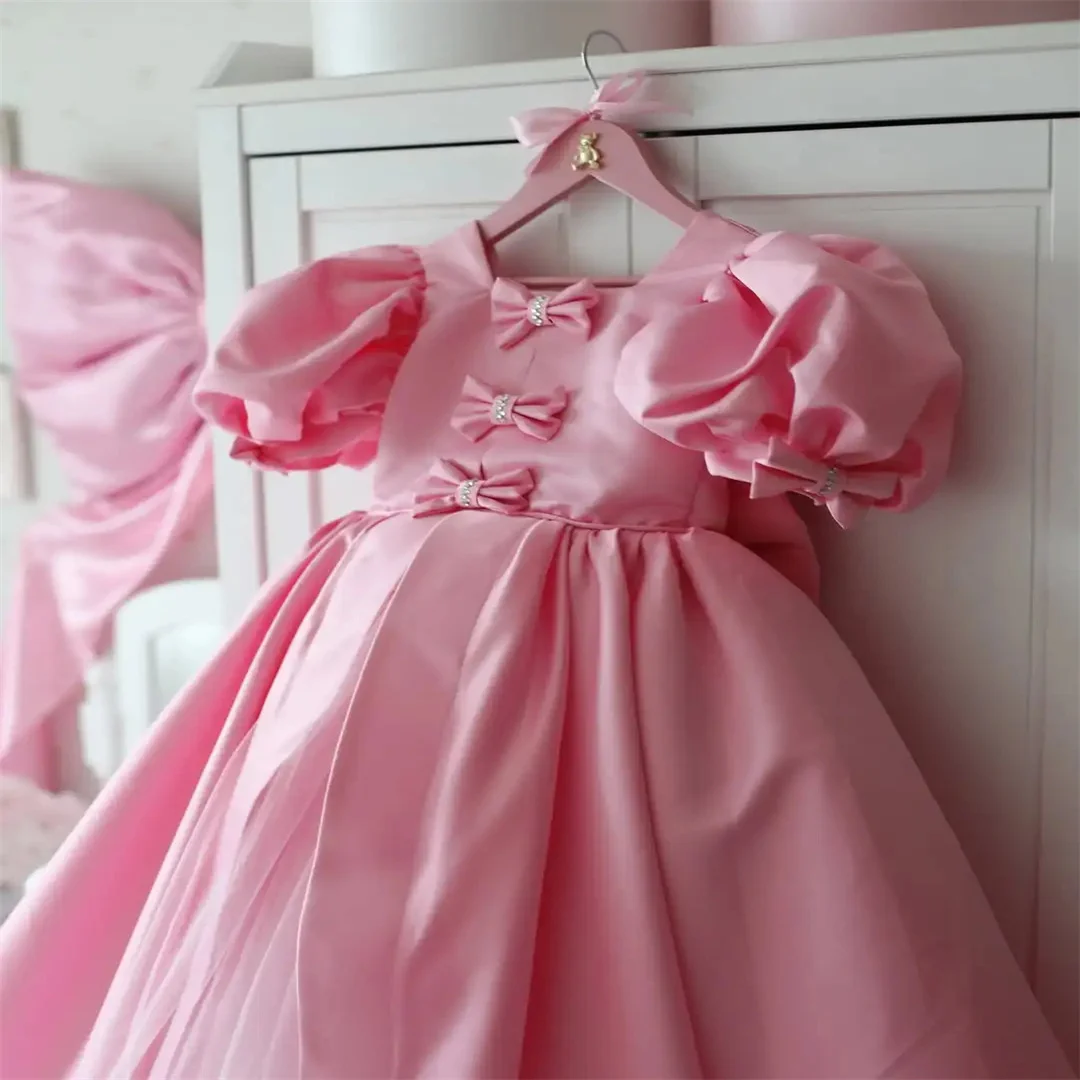 فساتين فتاة الزهور المخصصة من الساتان مع فيونكة بكتف واحد بدون أكمام لحفلات الزفاف وأعياد الميلاد وحفلات الأميرة #3