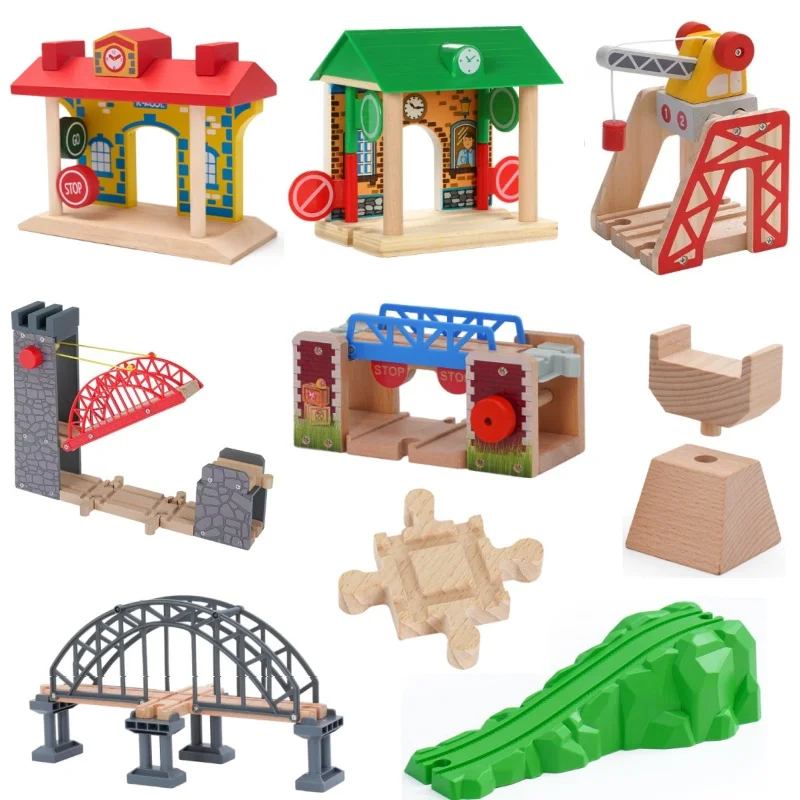 Wooden Train Track Racing Railway Street Sign Toys Bridge Tunnel Track Accessories Wood Tracks Creative Toys For Children Gift