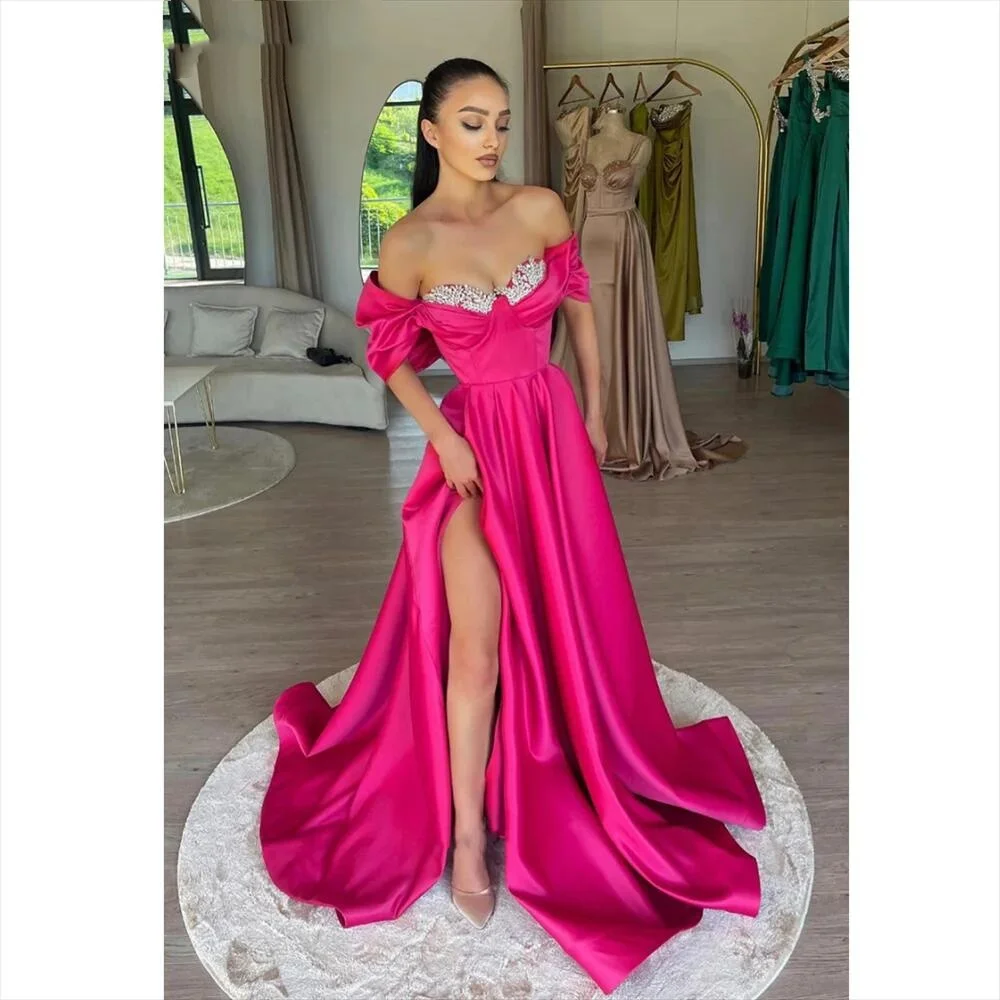 JEHETH 2024 Crytrals Top Vestido De Novia Sexy Off Shoulder A-line Evening Dress Fuchsia Prom Dress Side Split A-line Satin