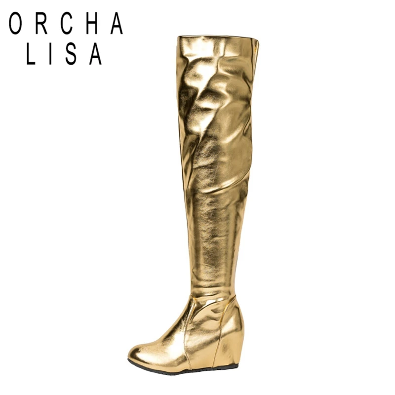 

ORCHALISA Over Knee Boots 60cm High Shiny Fashion Round Toe Wedge Heel Heel Zip Big Size 47 48 US16 US17 Red Silver Black