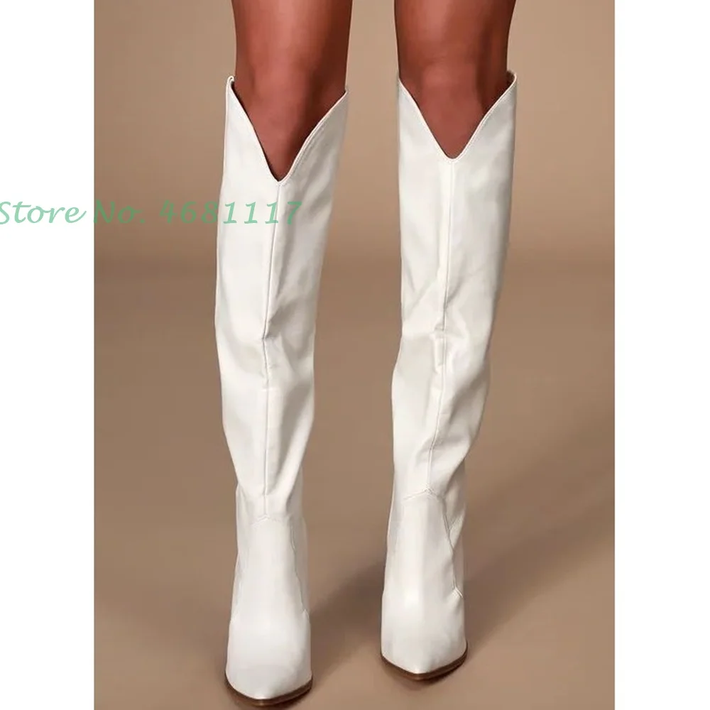 White Leather Knee High Boots High Heels Chic Pointy Toe Slip On Long Boots Wood Heels Fashion Women British Style Spring Boots