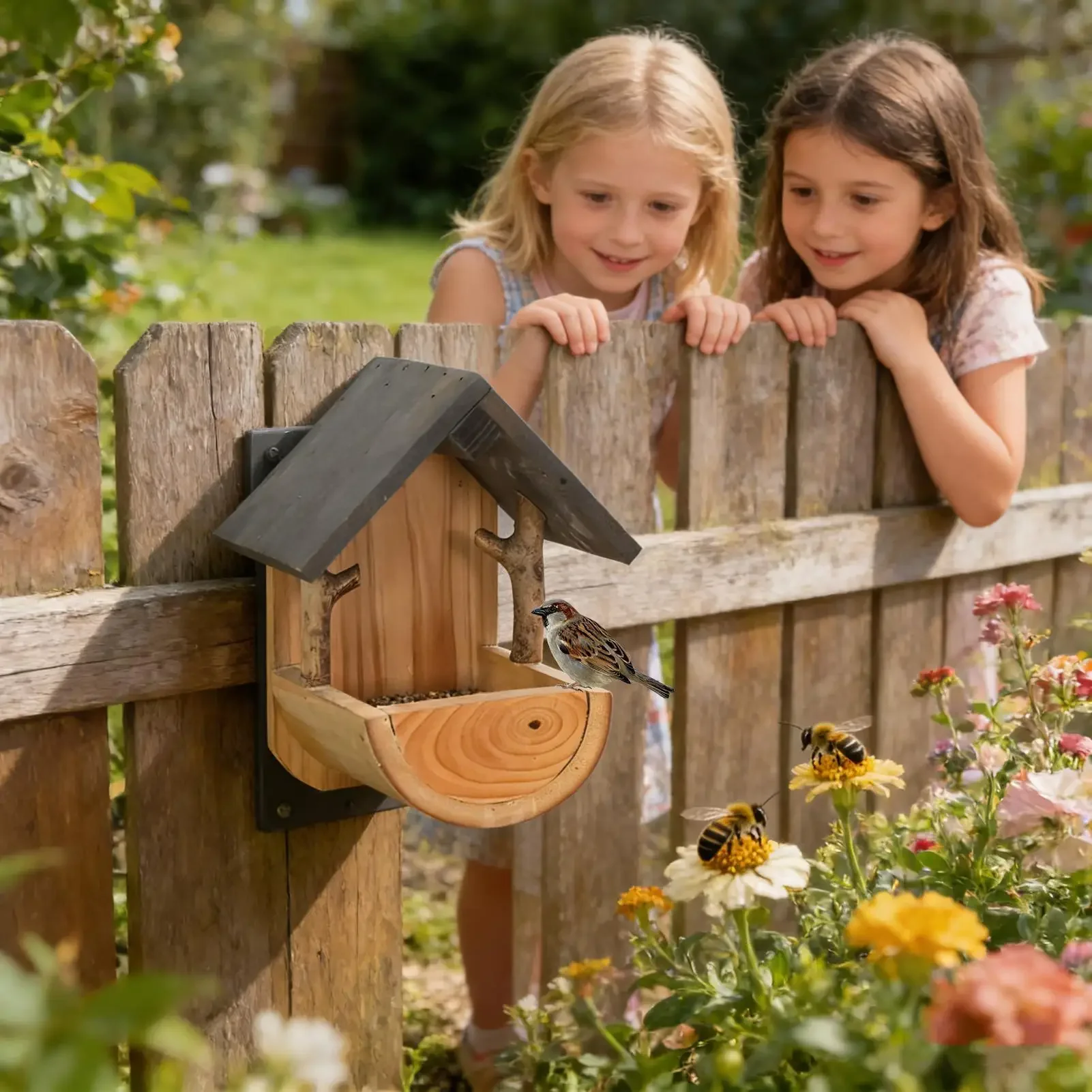 Wall Mount Wooden bird feeder Outdoor hanging Bird Feeders Weatherproof Balcony Bird Feeder for Watching Viewing Feeding Food view 2