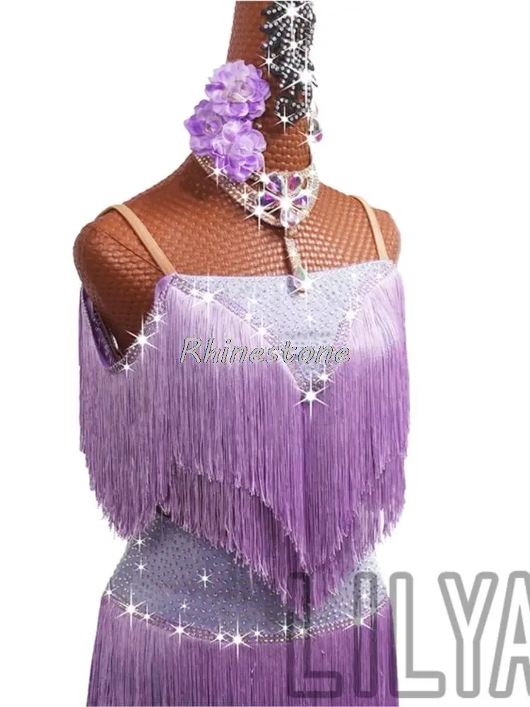 New Latin Competition Performance Adult Female Purple Tassel Shining Diamond Long Legged Pants Split Dance Skirt