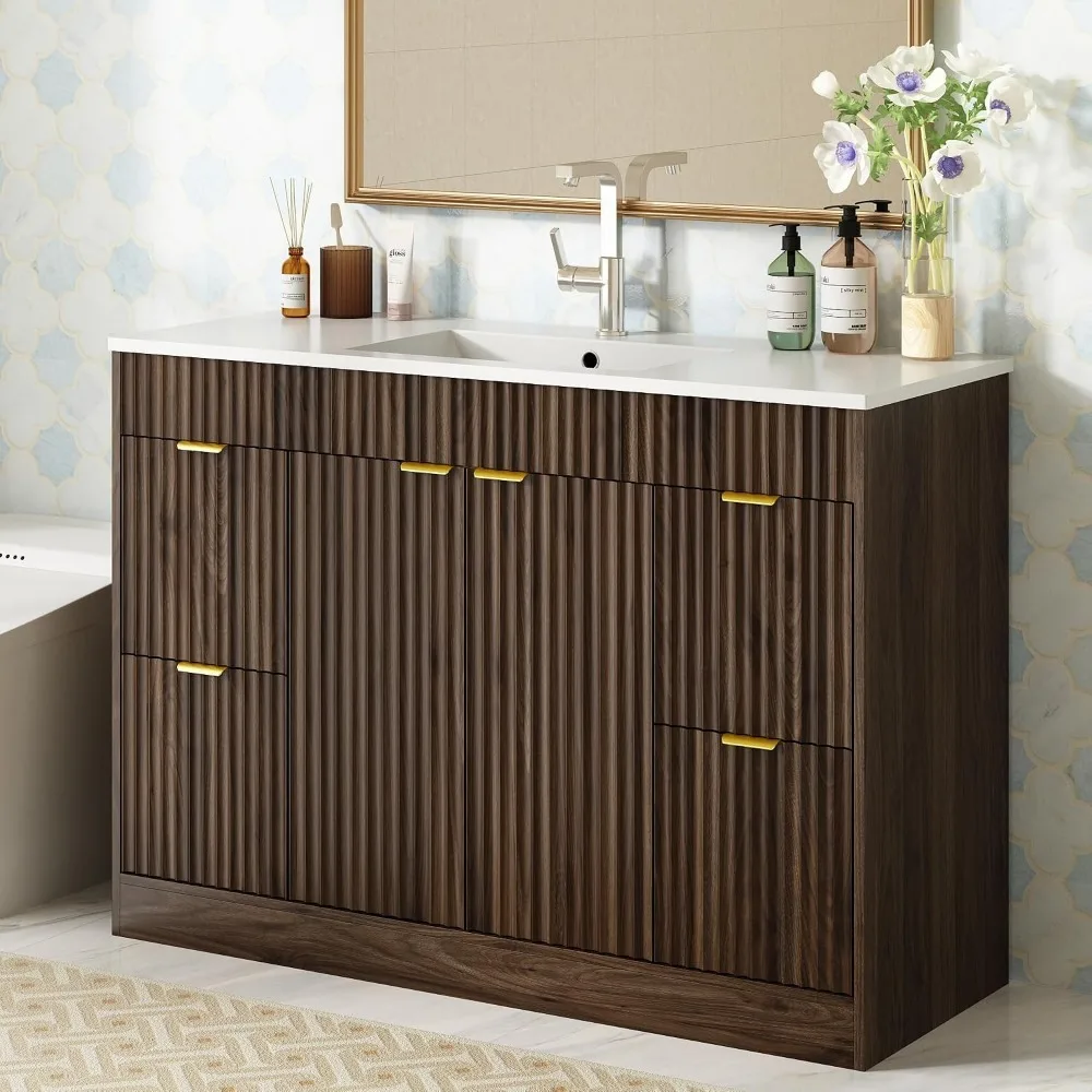 48 Inch Fluted Bathroom Vanity with Sink, Cabinet Adjustable Shelf 2 Soft Doors & 4 Drawers Walnut, Custom