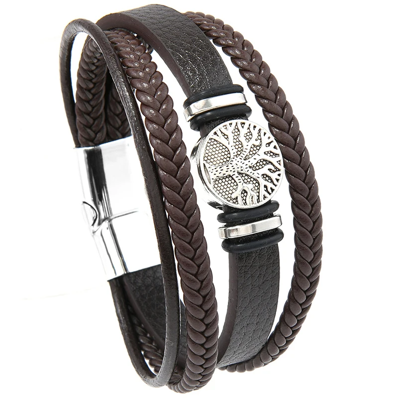 

Handmade Punk Multi Layer Braided Leather Bracelet Tree of Life Magnetic Clasp