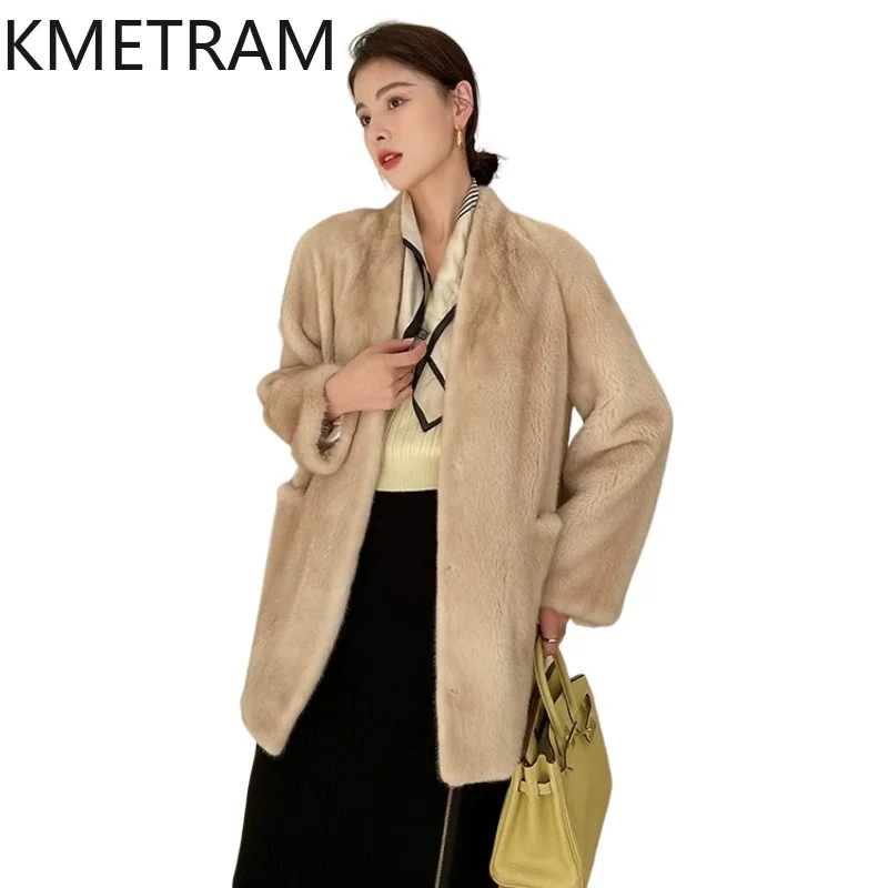 

KMETRAM Natural Mink Fur Coat Woman V-Neck Mid-Length Velvet Mink Fur Jacket Luxury Winter Coats Ladies Clothes 2026 casaco pelo
