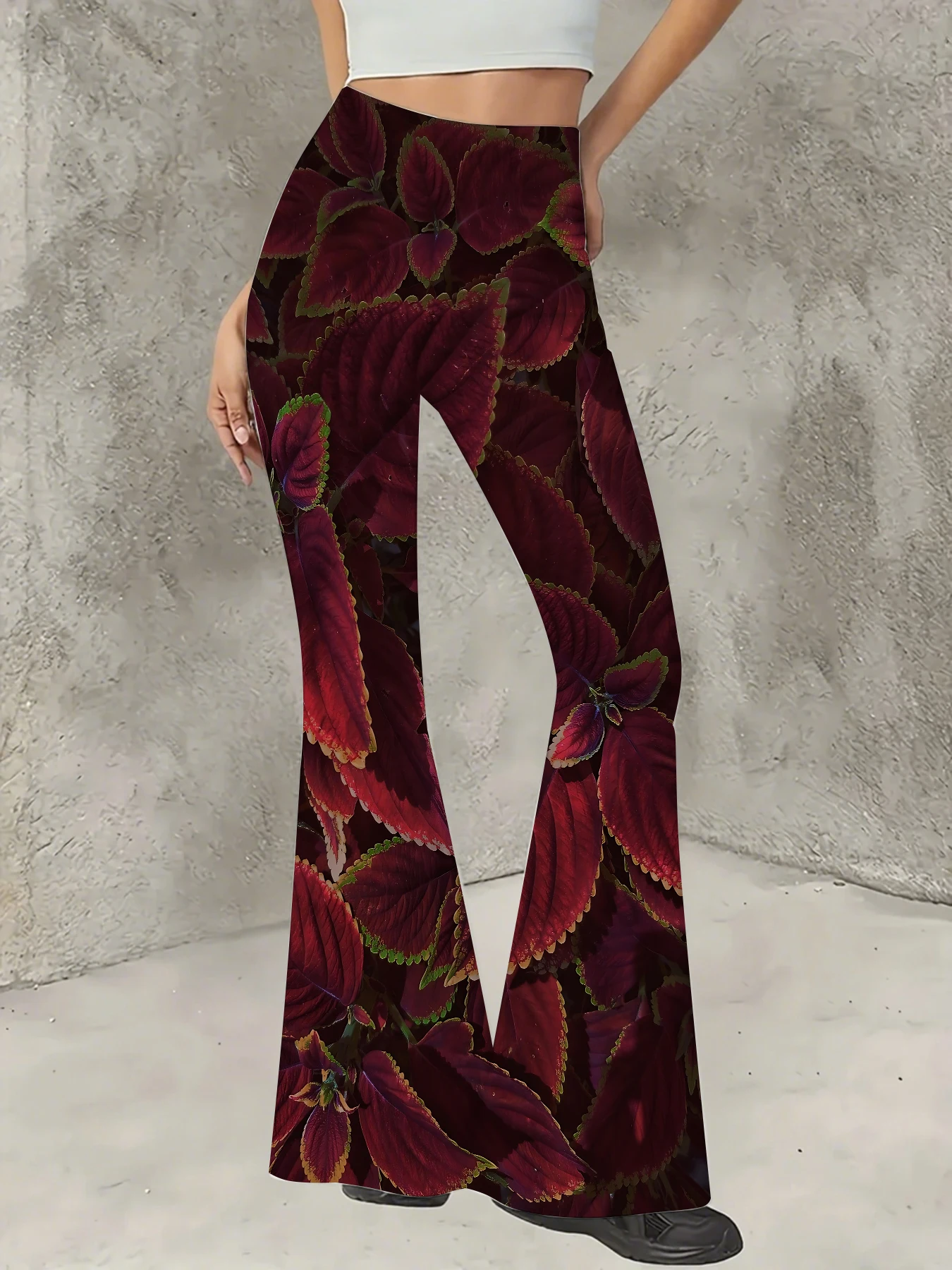 

Retro Printed Flare Pants Women High Waist Polyester Knit Bell Bottom Trousers