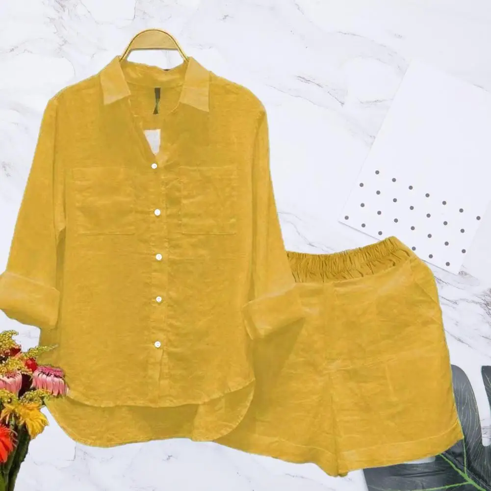 Ensemble Chemise et Short Décontractés pour Femme, Tenue à Manches sulf, Ourlet Irrégulier, Poches Plaquées, Automne et Printemps