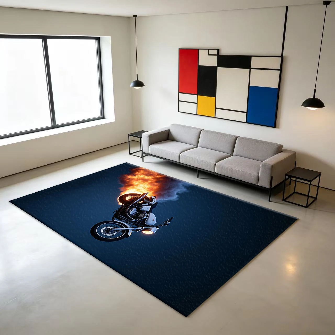Vintage Motorcycle Flame Cool Carpet Creative Motorcycle Non-Slip Floor Mat Suitable for Home Rooms