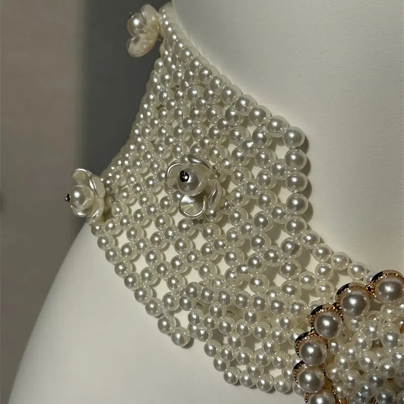 Vintage Hand-woven Imitation Pearls Waistbands Elastic Waist Belts Irregular Wide Hollow Out Pearls Corset Cinturones Para Mujer