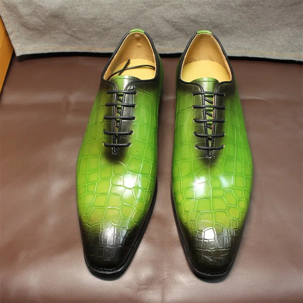 FELIX CHU Men's Genuine Cow Leather Shoes Crocodile Print Business Green Dress Shoes Formal Wedding Footwear for Spring Autumn - Image 4