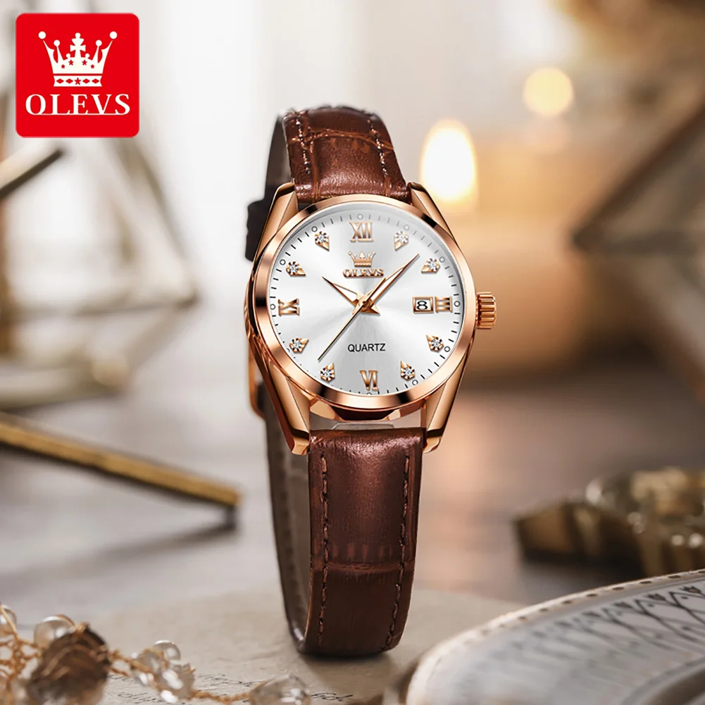 OLEVS Fashion Diamond Quartz Watch for Women Leather Strap Warterproof Calendar Womens Watches Top Brand Luxury Wristwatches