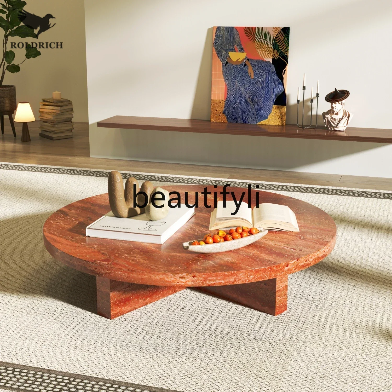 

SS S7486 Red travertine round coffee table retro style home living room apartment high-end luxury stone light luxury tea table e