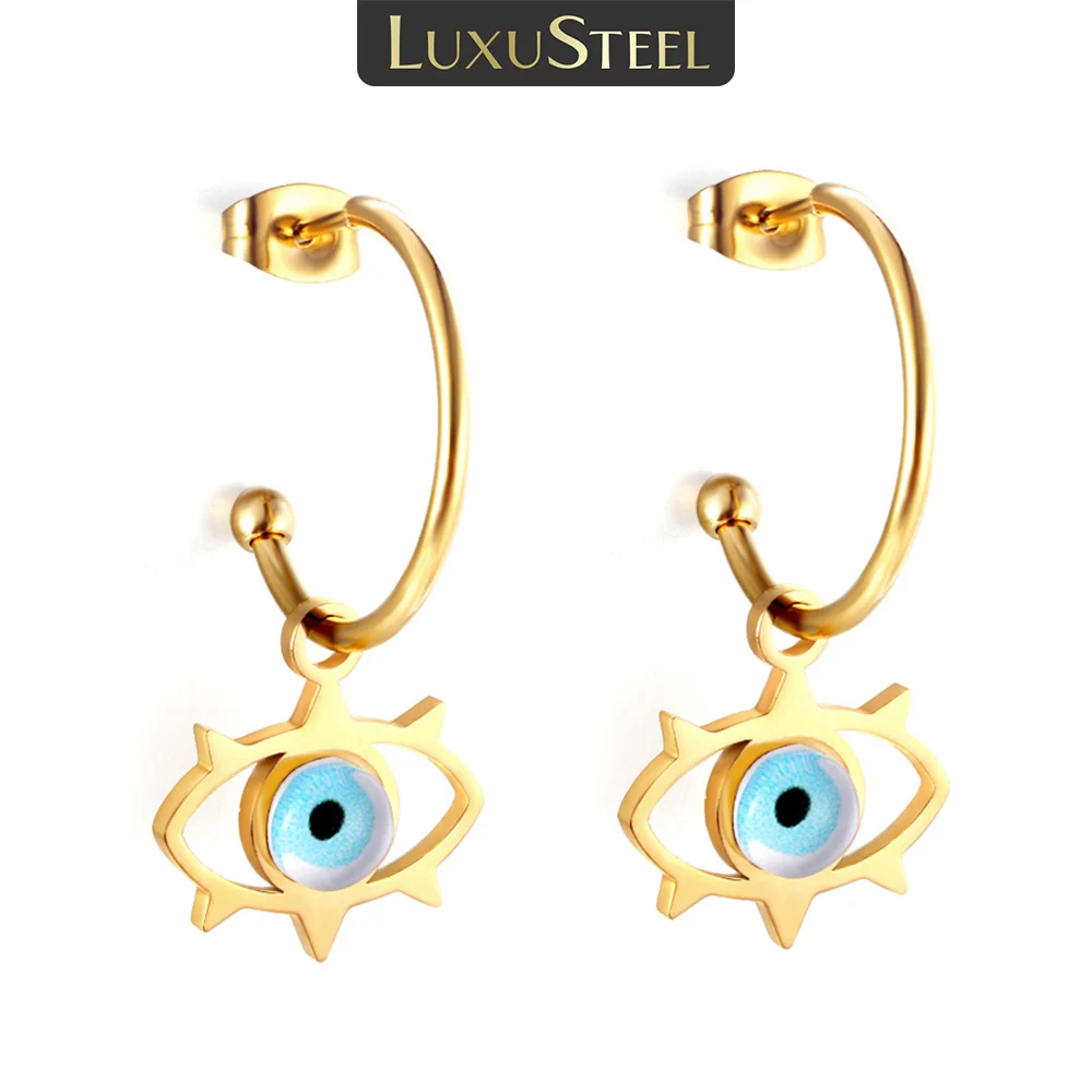 LUXUSTEEL Vintage Hollow Blue Evil Eyes Hoops Earrings for Women Punk Turkish Lucky Eye Dangle Earring Stainless Steel Jewelry